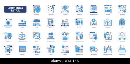 Shopping and retail service symbols covering payment, delivery, discounts, products, online buying, store operations and customer support solid blue glyph line icons set vector illustration Stock Vector