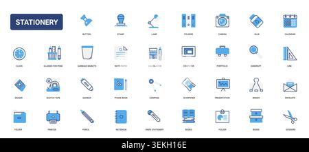 Stationery and office supply symbols for school, desk organization, writing tools, folders, calendar, printer and creative workspace needs solid blue glyph line icons set vector illustration Stock Vector