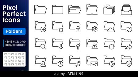 Folder line icons set. File management cloud storage, cyber security shield, open project, share portfolio flat minimal vector illustration. Simple Stock Vector