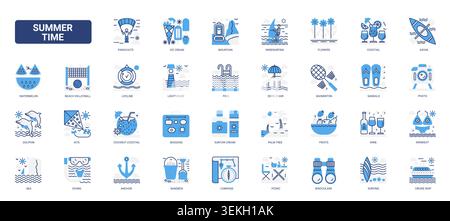 Summer vacation symbols of beach leisure, water sports, travel essentials and seasonal recreation for tourism, holiday planning, warm weather themes solid blue glyph line icons set vector illustration Stock Vector