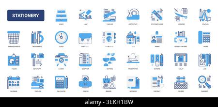 Stationery and office supply symbols showing writing tools, folders, printer, calculator, scissors and desk accessories for school or workplace use solid blue glyph line icons set vector illustration Stock Vector