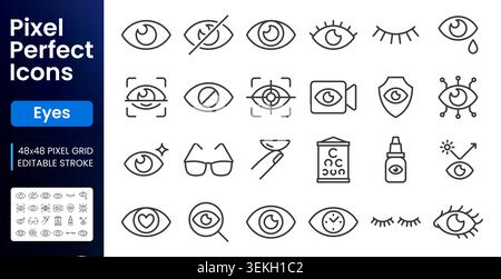 Eye, vision line icons set. Visible password, biometric scan, ophthalmology contact lens, eyeglasses, cry flat minimal vector illustration. Simple Stock Vector