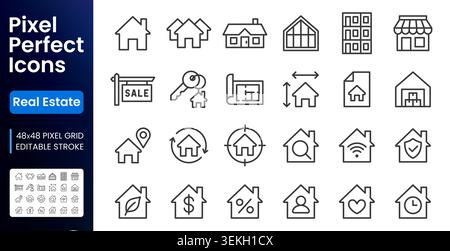 Real estate line icons set. Property management, house keys, home for sale, blueprint plan, mortgage flat minimal vector illustration. Simple outline Stock Vector
