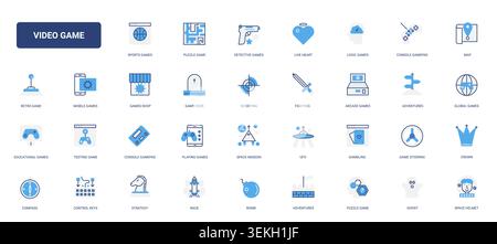 Gaming symbols for arcade, puzzle, shooting, strategy and mobile play interfaces, covering genres, controls, missions and entertainment navigation solid blue glyph line icons set vector illustration Stock Vector
