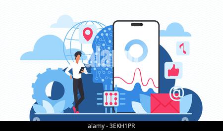Modern cloud computing scene with smartphone dashboard, artificial intelligence profile, data chart, email and social icons, and business user isolated on white background vector illustration Stock Vector