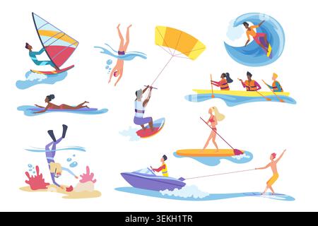 Collection of people enjoying surfing, windsurfing, diving, kayaking, paddleboarding, kitesurfing, jet skiing, and waterskiing in summer, isolated on white background vector illustration Stock Vector