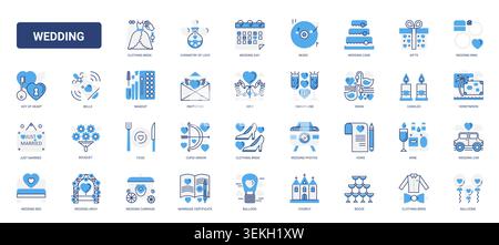 Wedding ceremony and celebration symbols featuring rings, cake, vows, bouquet, church, car and honeymoon details for romantic event branding solid blue glyph line icons set vector illustration Stock Vector
