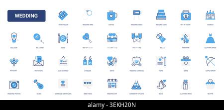 Wedding ceremony and celebration symbols featuring rings, cake, invitation, vows, church, champagne, gifts and romantic event details solid blue glyph line icons set vector illustration Stock Vector