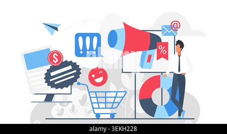 Business marketing concept with megaphone, email, discount, analytics chart, shopping cart and online promotion elements for digital advertising isolated on white background vector illustration Stock Vector