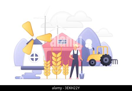 Modern agriculture scene with farmer, tractor, windmill, barn, wheat and mountains, showing rural farming, harvest and sustainable energy isolated on white background vector illustration Stock Vector