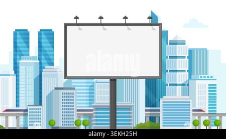 Large empty billboard standing above modern urban buildings and transit line, ready for outdoor advertising, marketing, branding, promotional design isolated on white background vector illustration Stock Vector