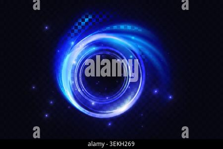 Glowing blue circular swirl with radiant light trails, sparkling particles, and futuristic energy ring design for technology, motion, and cosmic themes isolated on dark background vector illustration Stock Vector