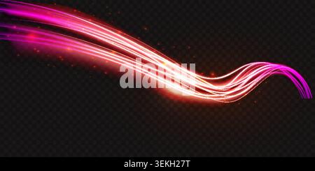 Glowing gold and pink light wave in flowing perspective with sparkling energy trails and abstract motion, isolated on dark background vector illustration Stock Vector