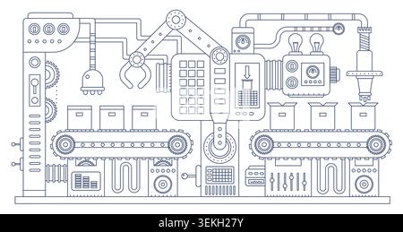 Industrial engineering production line with robotic arm, conveyor belts, control panels, gears and packaging boxes in factory automation isolated on white background vector illustration Stock Vector