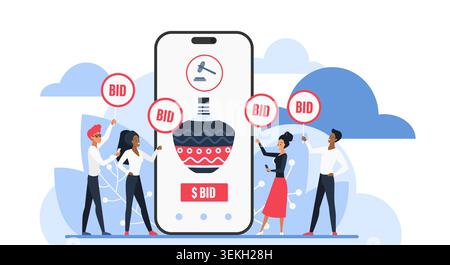 People place bids through a smartphone auction app featuring a decorative vase and gavel icons, showing digital marketplace competition isolated on white background vector illustration Stock Vector