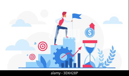 Business development concept with businessman climbing steps, flag, target, chart, gear, coin and hourglass for startup growth, success and planning isolated on white background vector illustration Stock Vector