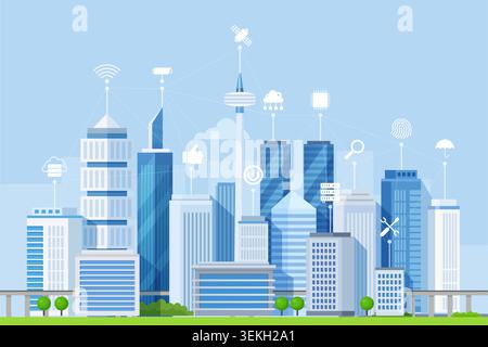 Modern smart city skyline with connected buildings, wireless network icons, satellite, cloud computing, security and urban infrastructure in blue tones vector illustration Stock Vector