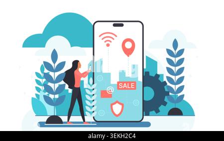 Modern augmented reality cloud concept with smartphone, location pin, wifi, sale tag, email and security icons, woman using mobile app isolated on white background vector illustration Stock Vector