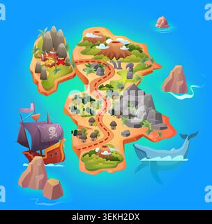 Colorful island in the sea map with pirate ship, treasure chest, volcanoes, jungle path, rocks and whale, isolated on dark background vector illustration Stock Vector