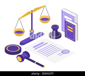 Isometric legal concept with justice scales, gavel, stamp, books and signed document for court, attorney and legislation themes, isolated on white background vector illustration Stock Vector