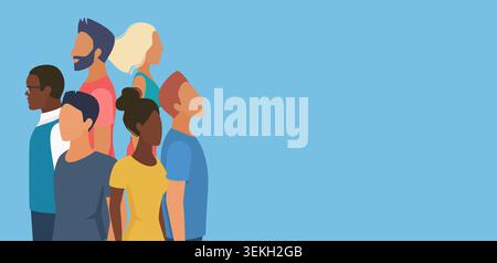 Flat diverse crowd of men and women standing together in side profile with copy space on blue background for community, teamwork, population, and social themes vector illustration Stock Vector