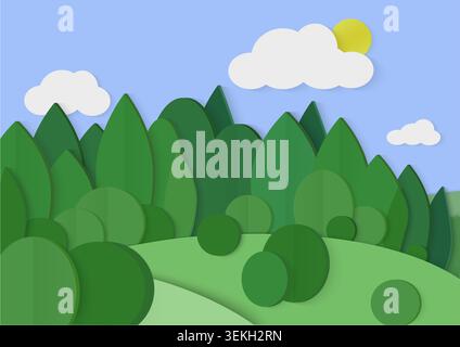 Layered green forest landscape with rolling hills, trees, clouds, and sun in a simple paper cut style scene for nature, ecology, and outdoor themed design vector illustration Stock Vector