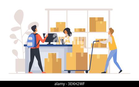 Warehouse post delivery service scene with parcels, shelves, clerk, customer and worker moving boxes on trolley at reception, isolated on white background vector illustration Stock Vector