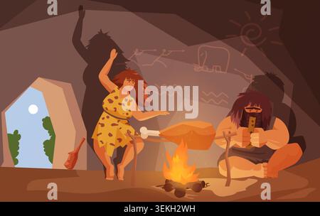 Prehistoric cave people dance and cook meat over a campfire inside a rocky shelter with ancient wall drawings, stone tools and tribal life scene isolated on dark background vector illustration Stock Vector