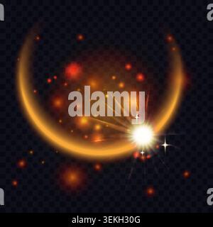 Bright glowing round light effect with golden arc, radiant flare, and floating sparks for festive design, magical backgrounds, and abstract overlays isolated on dark background vector illustration Stock Vector
