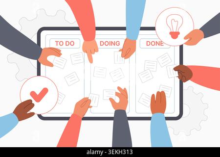 Hands organize task cards across kanban board columns labeled to do, doing and done, showing agile workflow, teamwork and project management isolated on white background vector illustration Stock Vector