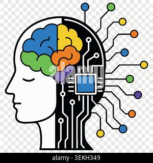 Human brain and artificial intelligence neural network line art illustration with cyber circuit technology Stock Vector
