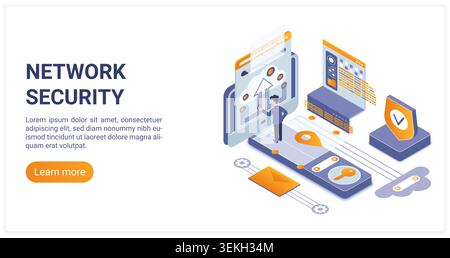Network security isometric concept with shield, laptop, cloud, email, search and user interface elements for cybersecurity, data protection and safe access isolated on white vector illustration Stock Vector