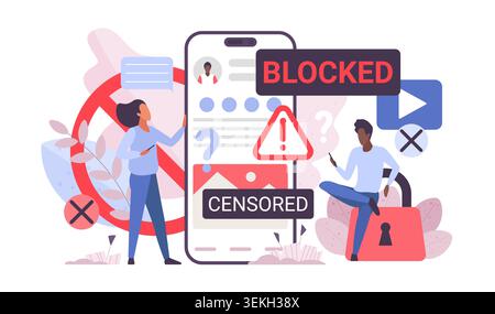 People using smartphone with blocked and censored media alerts, warning sign, privacy lock, and restricted social content controls isolated on white background vector illustration Stock Vector