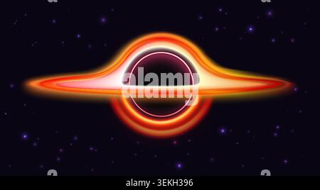 Glowing black hole with bright accretion disk and gravitational lensing in outer space, surrounded by stars and cosmic light, isolated on dark background vector illustration Stock Vector