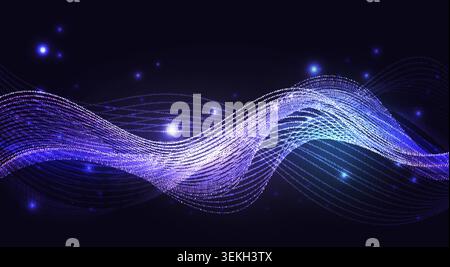 Glowing blue crystal veil effect with flowing particle waves, sparkling light dots, and futuristic abstract motion design isolated on dark background vector illustration Stock Vector