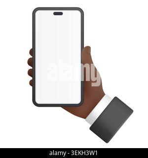 Black hand holding modern smartphone with blank screen for app presentation, mobile interface showcase, advertising design and digital display isolated on white background vector illustration Stock Vector