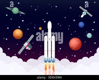 Rocket launch with satellites, planets, stars and clouds in outer space scene, showing futuristic exploration and astronomy theme isolated on dark background vector illustration Stock Vector