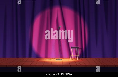 Empty stand up comedy stage with microphone, stool, spotlight and closed backstage curtains on a dark theater scene, ready for performance or rehearsal isolated on dark background vector illustration Stock Vector