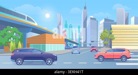 Modern urban street with elevated train, cars, skyscrapers, and daylight skyline showing public transport and city traffic in a clean flat design vector illustration Stock Vector