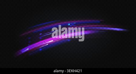 Abstract curved blue and purple neon road light streaks, fast futuristic motion effect with glowing lines, dynamic energy isolated on dark background vector illustration Stock Vector