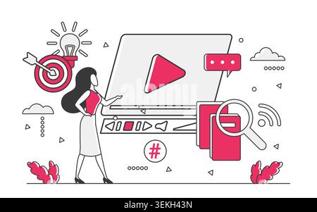 Red monocolor line art showing video content marketing with player screen, search, chat, target and social media elements, isolated on white background vector illustration Stock Vector