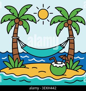 Tropical beach hammock between two palm trees with calm ocean waves and island view Stock Vector