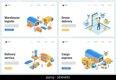 Modern logistics website banners with warehouse operations, cargo transport, delivery service, drone shipping, trucks, boxes, maps, workers isolated on white background vector illustration Stock Vector