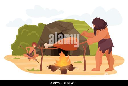 Primitive man roasting giant meat over campfire beside cave, prehistoric hunter preparing food outdoors with tribal companion in ancient landscape isolated on white background vector illustration Stock Vector