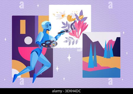 Humanoid robot artist paints colorful wall pictures with brush and palette, creating floral and abstract artwork in a modern creative scene on purple background vector illustration Stock Vector