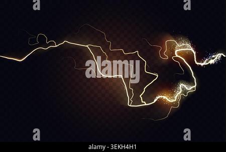 Glowing yellow horizontal lightning streak with electric sparks and energy trail across a transparent dark backdrop, ideal for power, storm, flash, and neon design vector illustration Stock Vector