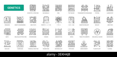 Biochemistry and genetics science symbols covering DNA, chromosomes, laboratory testing, cloning and molecular research for education and medicine complex black line icons set vector illustration Stock Vector