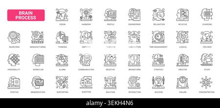 Brain process symbols showing thinking, decision making, creativity, logic, memory, empathy strategy for cognitive workflow and mental activity themes complex black line icons set vector illustration Stock Vector