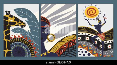 Three stylized african panels featuring giraffe, black woman portrait, tribal patterns, leaves, and dancing figure with sun in decorative ethnic design vector illustration Stock Vector