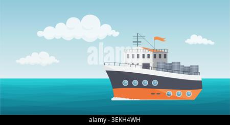 Cargo ship sailing across calm ocean water under cloudy sky, featuring a modern vessel with deck structures and portholes in a clean marine scene vector illustration Stock Vector